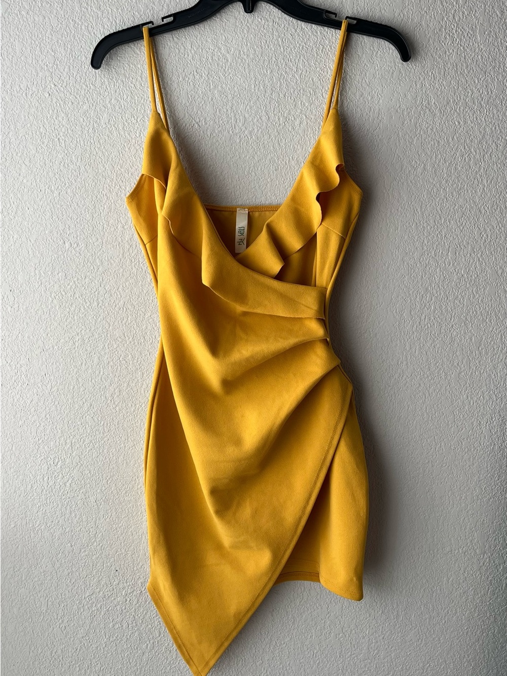 Ruffle Wrap Asymmetric Bodycon Mini Dress in mustard/gold yellow, Size S